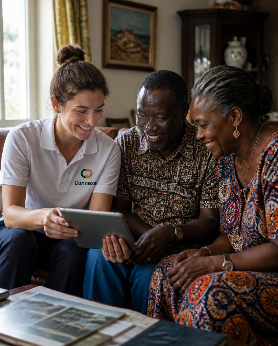 Une étudiante ambassadrice Connexa en polo blanc siglé aide un couple africain à utiliser sa tablette à domicile