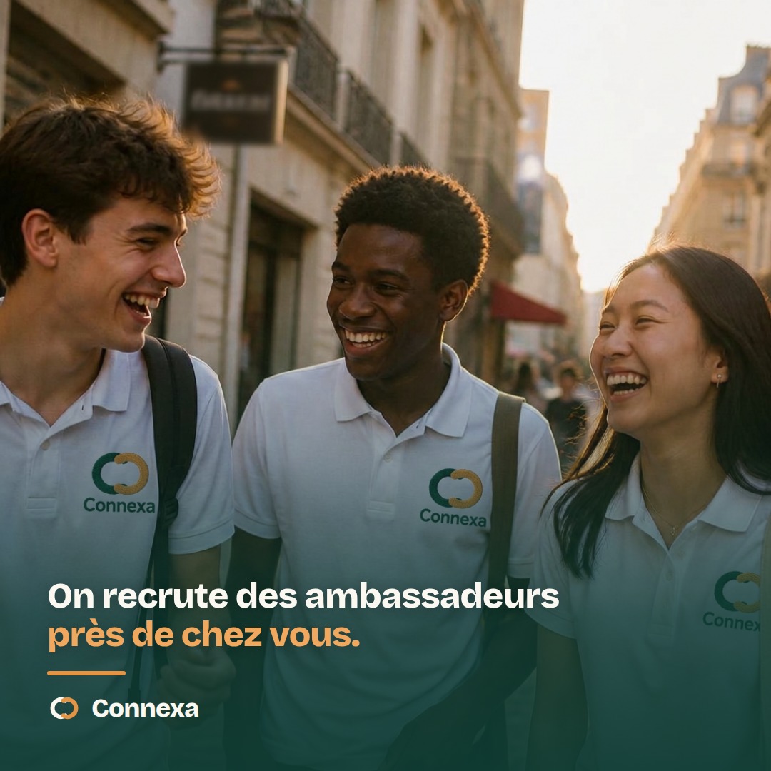 Trois jeunes ambassadeurs Connexa souriants — On recrute des ambassadeurs près de chez vous.